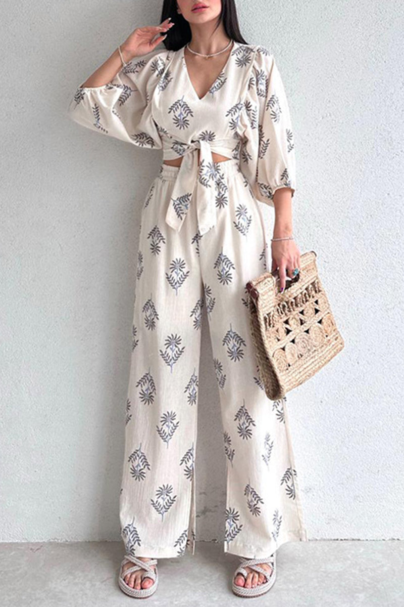 Lorraine - Elegante completo casual con blusa stampata a mezza manica e pantaloni a gamba larga