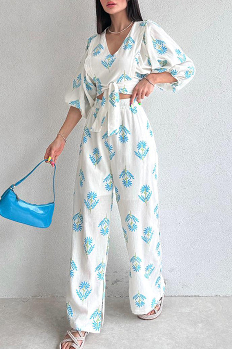 Lorraine - Elegante completo casual con blusa stampata a mezza manica e pantaloni a gamba larga