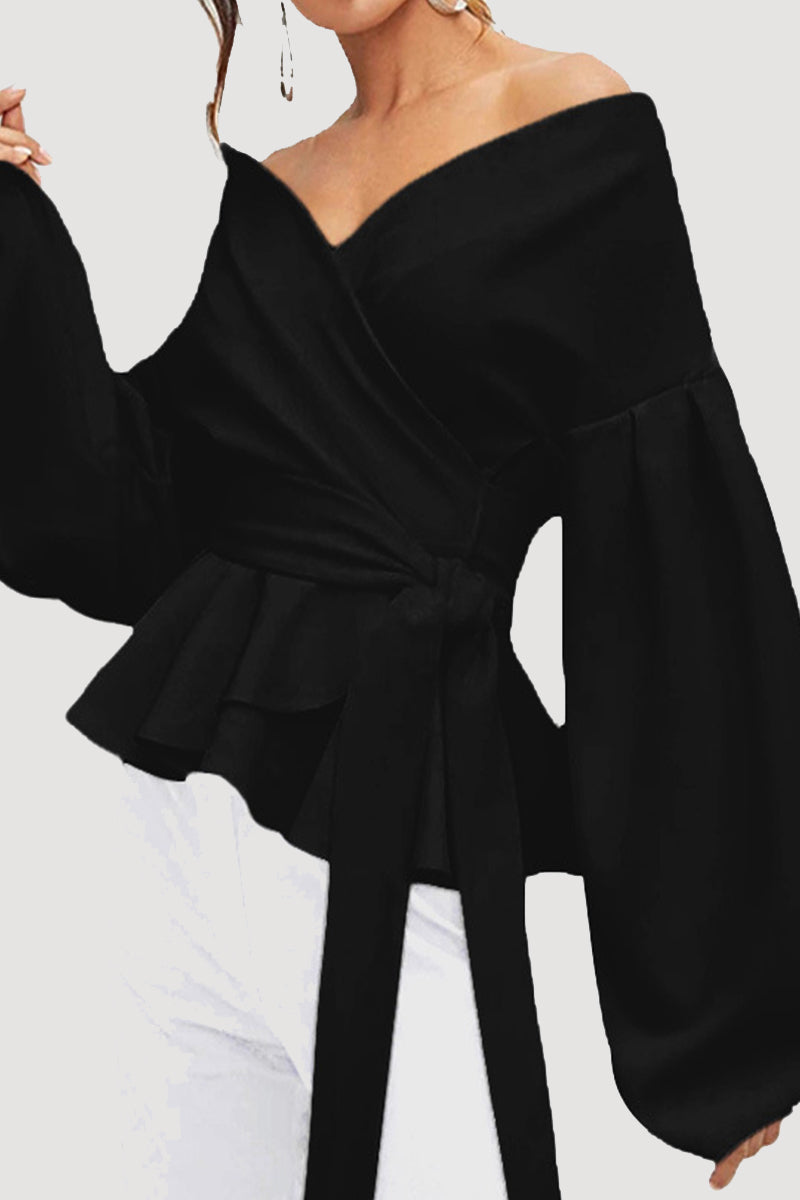 Camellia - Blusa elegante con spalle scoperte, scollo a V, maniche lunghe e vita stretta