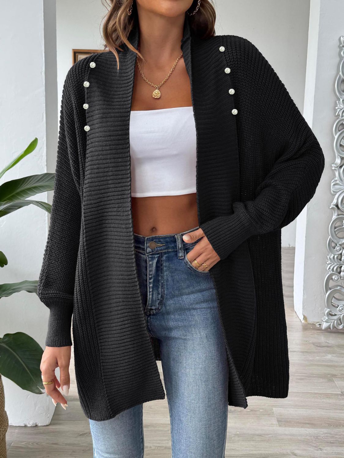 Clarice - Elegante cardigan lungo a maniche lunghe con apertura frontale