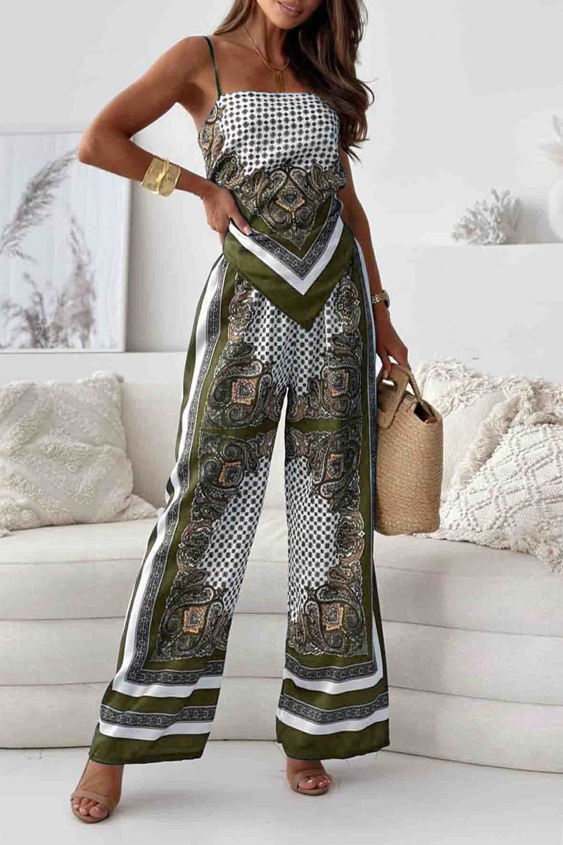Fatima - Completo casual con top smanicato e pantaloni con stampa geometrica e schiena scoperta