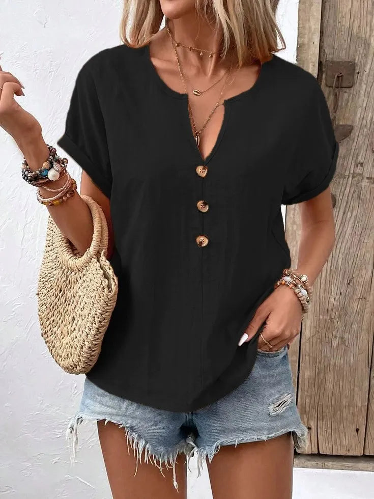 Vexana - Blusa casual a maniche corte con scollo a V e bottoni