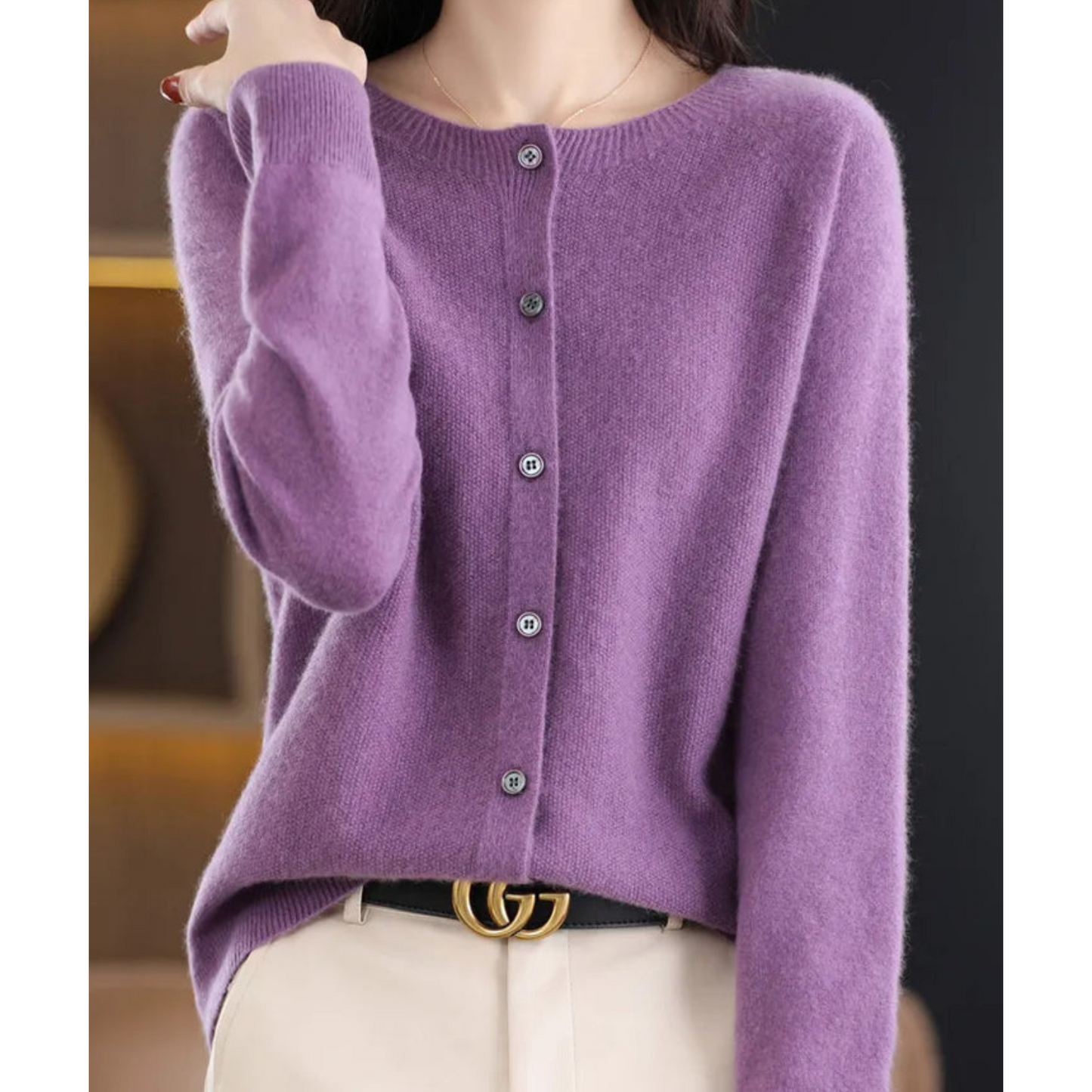 Cardigan girocollo in pura lana merino da donna