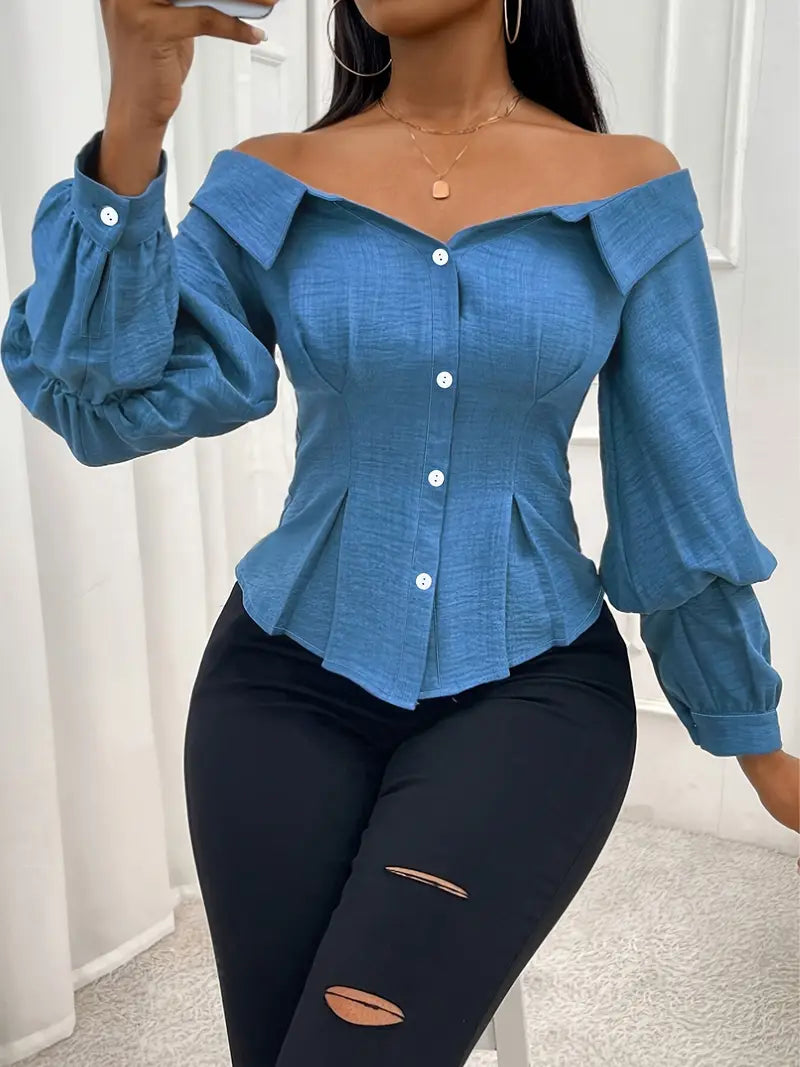 Mabel - Elegante top in denim a maniche lunghe con spalle scoperte