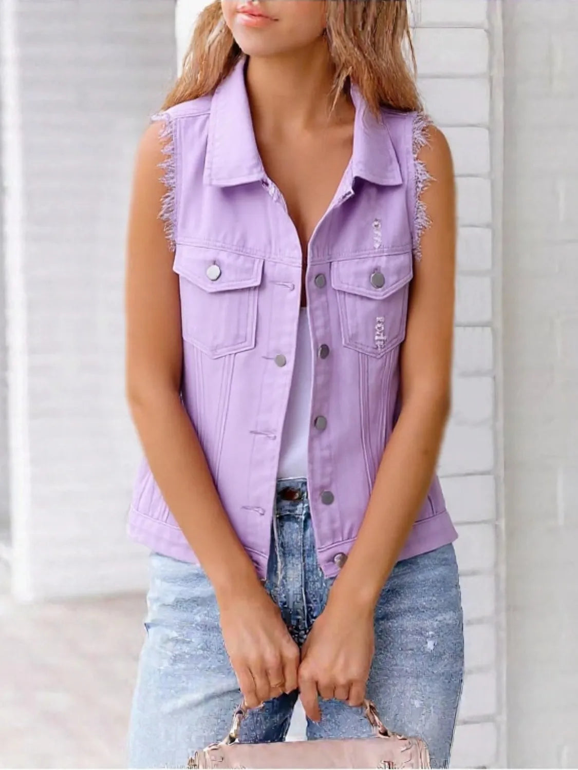Danica - Elegante gilet in denim sfrangiato senza maniche