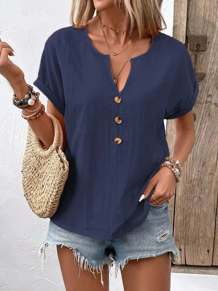 Vexana - Blusa casual a maniche corte con scollo a V e bottoni