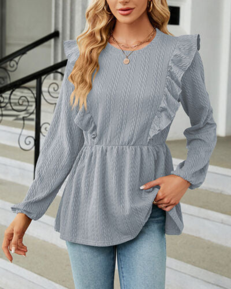 Leilani - Elegante camicetta a maniche lunghe con scollo tondo e volant