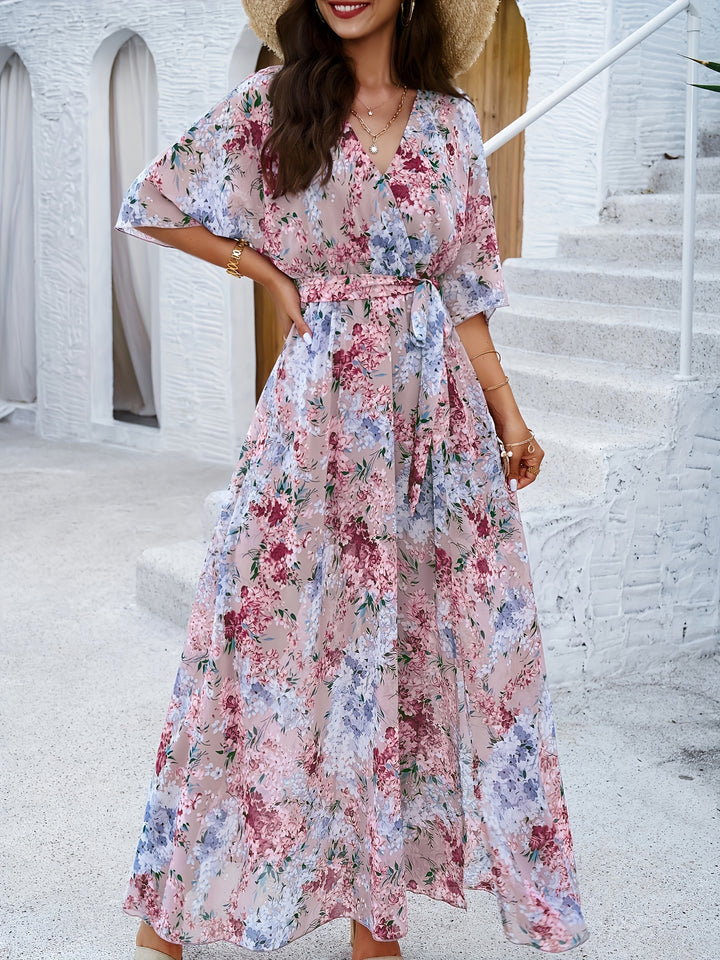 Sabine - Elegante abito lungo floreale a mezza manica