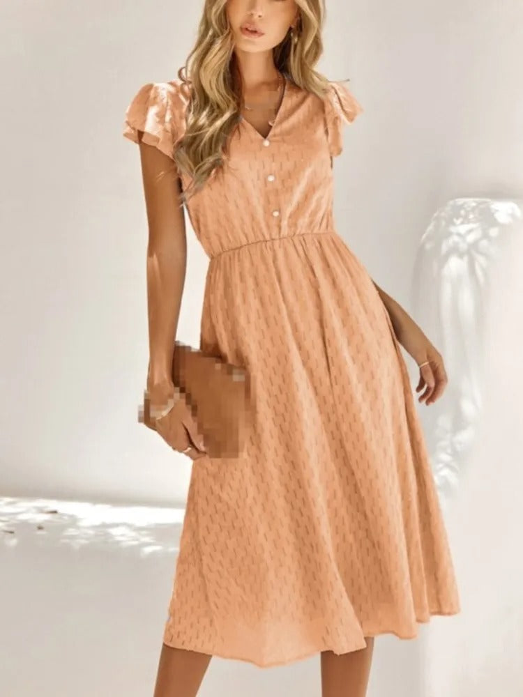 Mikaela - Elegante abito midi con scollo a V e maniche svasate