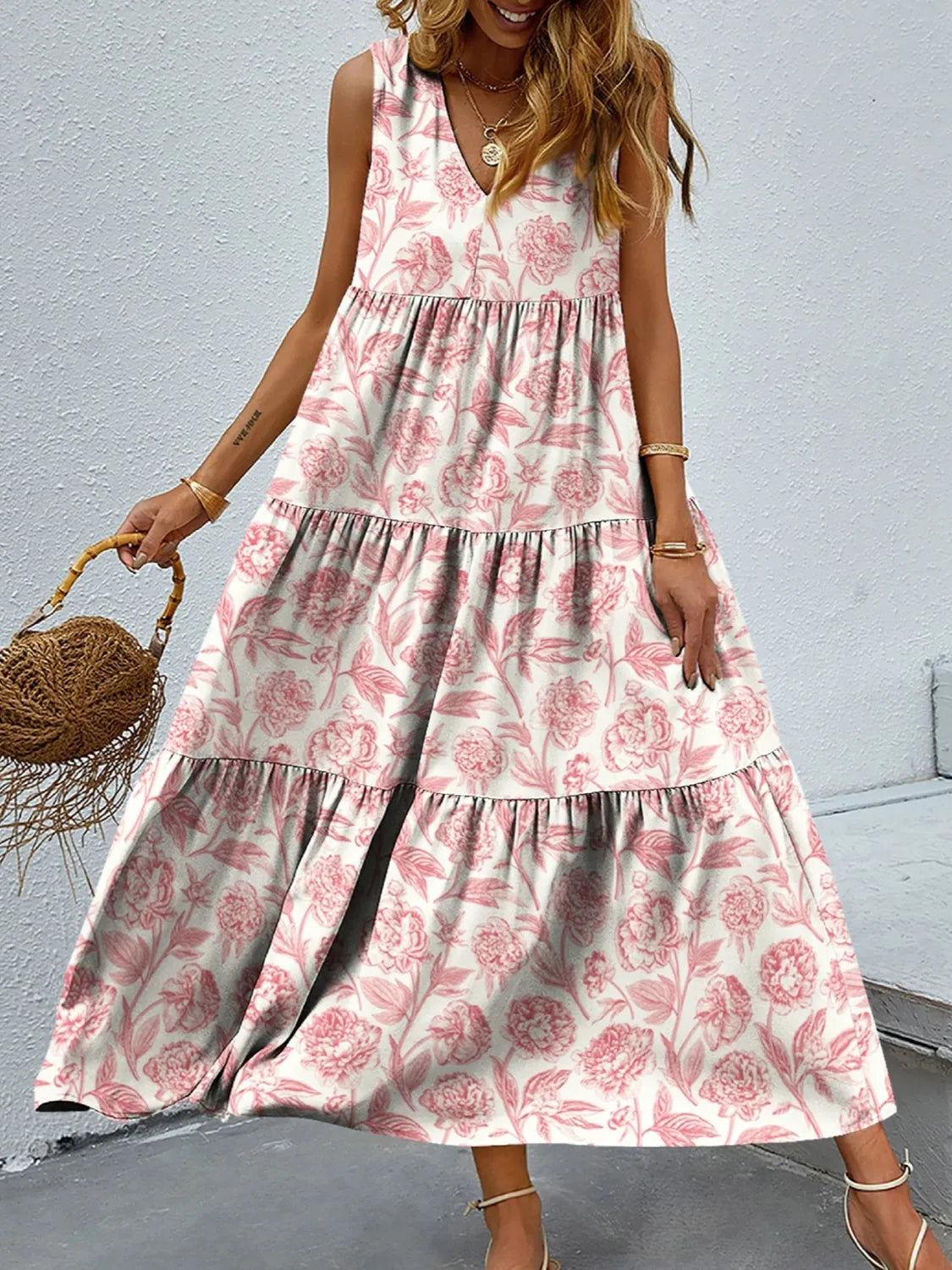 Taylor - Elegante abito maxi floreale senza maniche con scollo a V