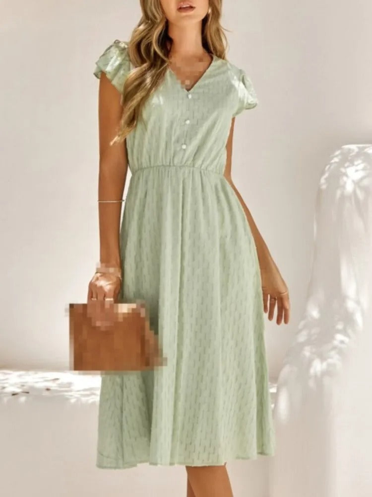 Mikaela - Elegante abito midi con scollo a V e maniche svasate