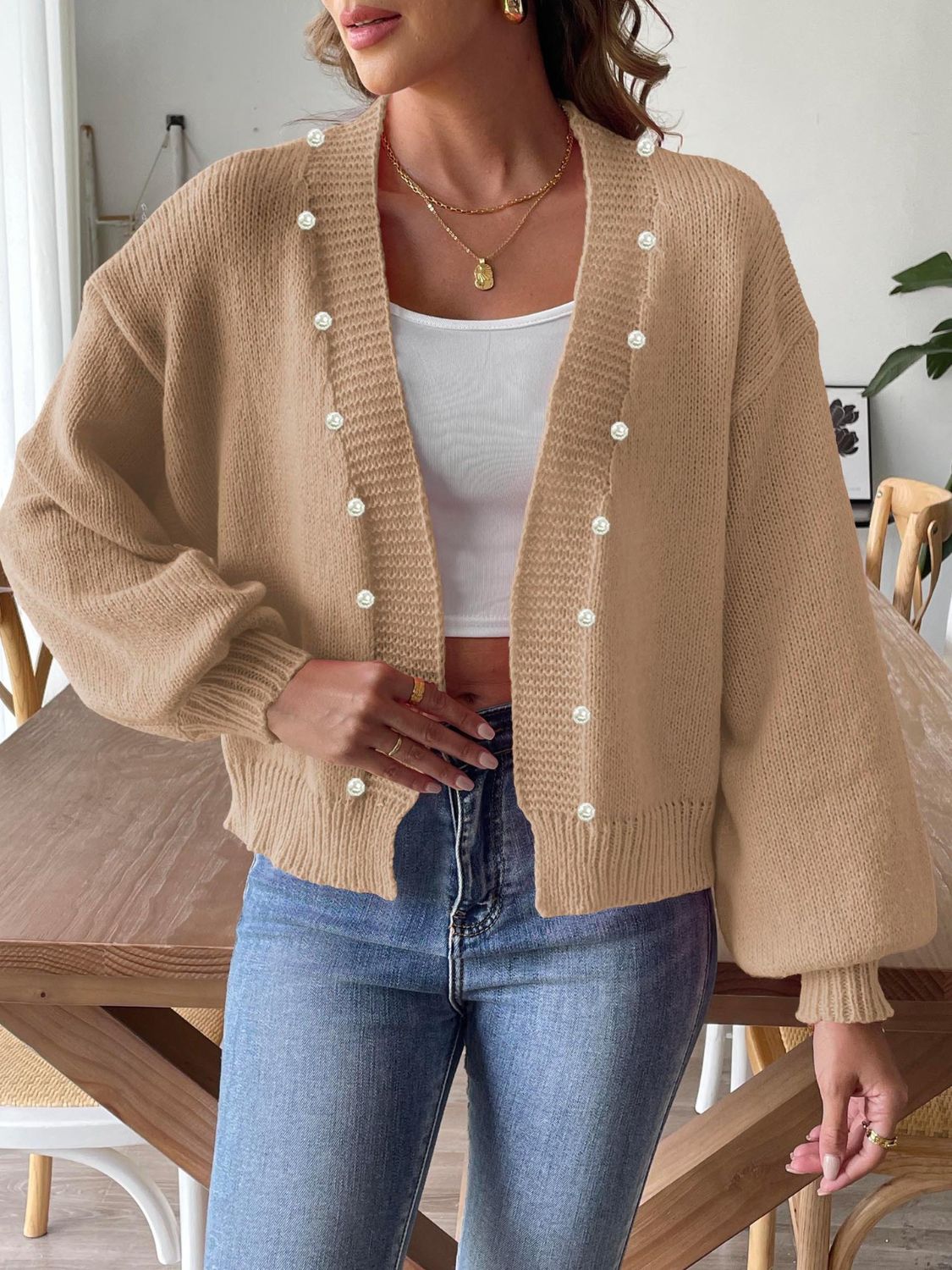 Kenna - Cardigan elegante aperto con perle e maniche lunghe