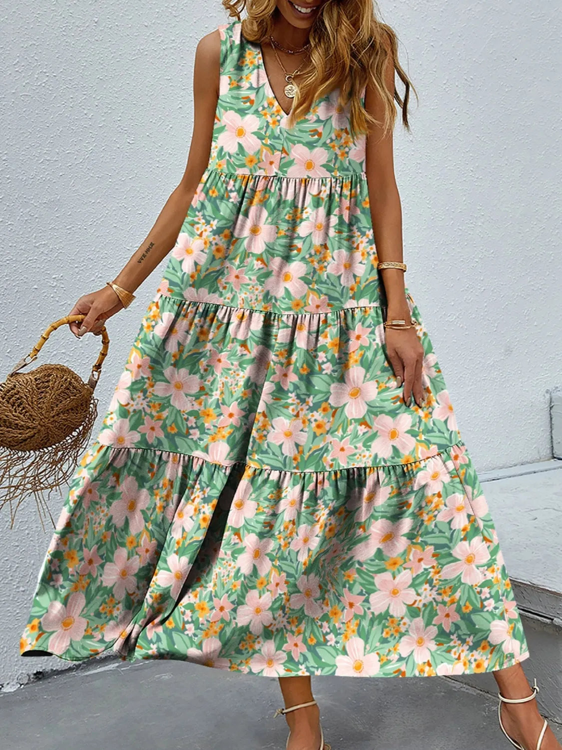 Taylor - Elegante abito maxi floreale senza maniche con scollo a V