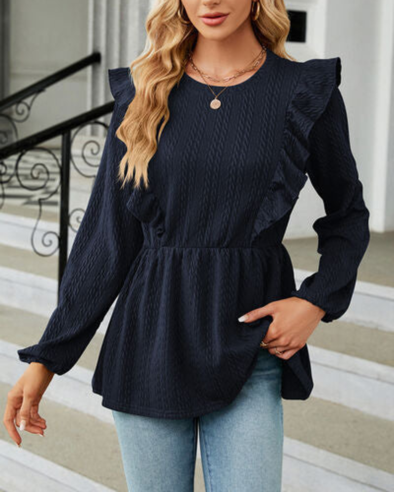 Leilani - Elegante camicetta a maniche lunghe con scollo tondo e volant