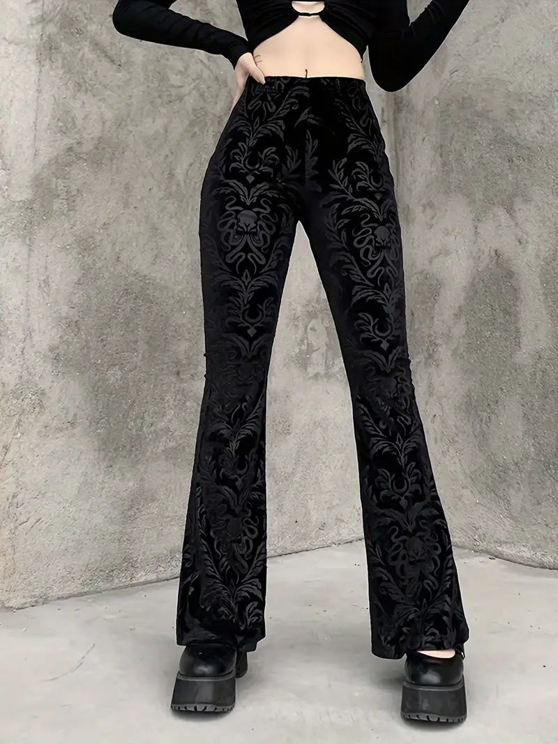 Elspeth - Pantaloni a vita alta con motivo floreale in stile gotico