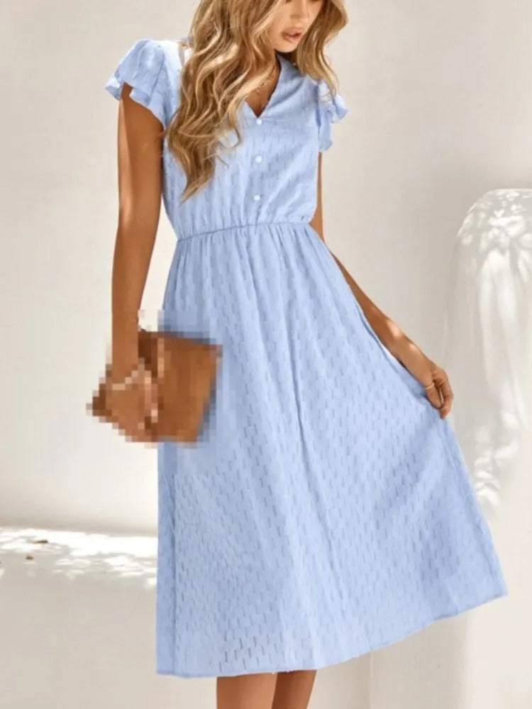 Mikaela - Elegante abito midi con scollo a V e maniche svasate