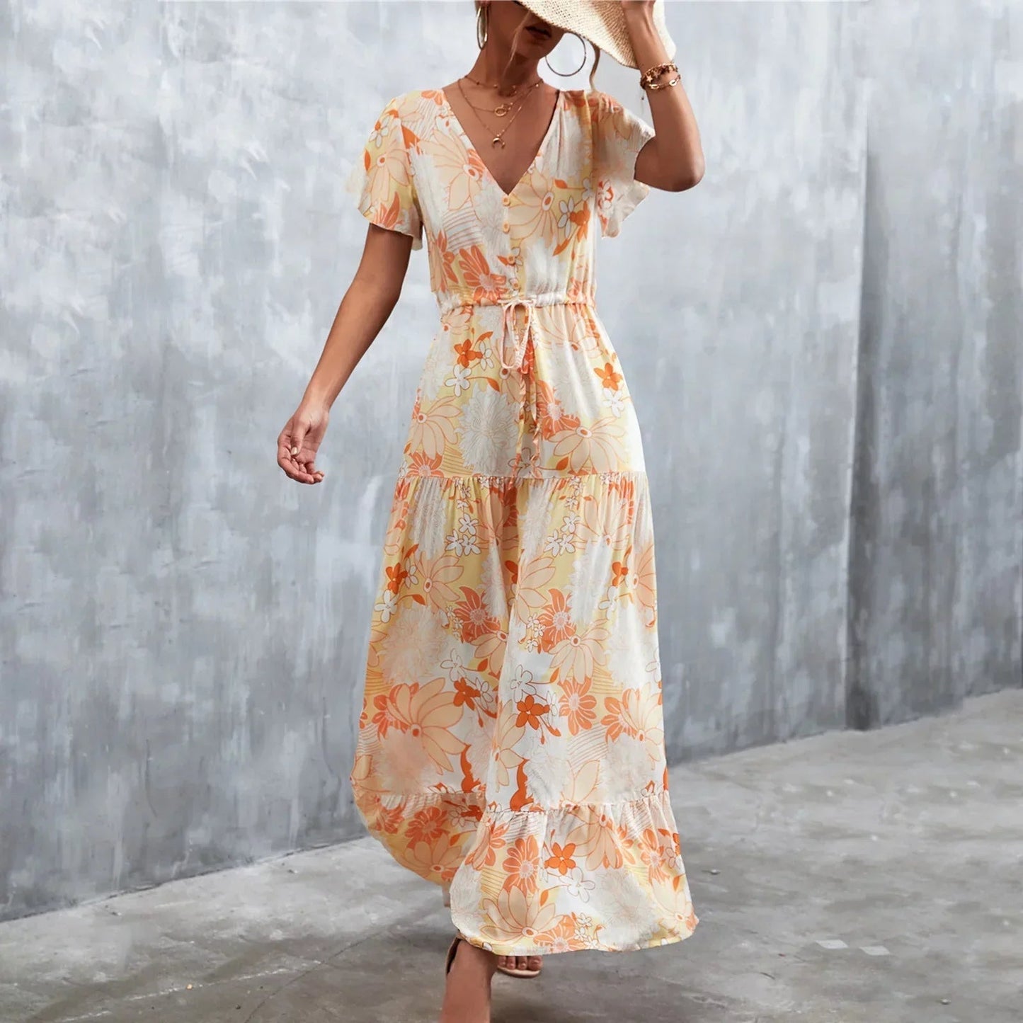 Blythe - Elegante maxi abito ampio con maniche corte e scollo a V profondo