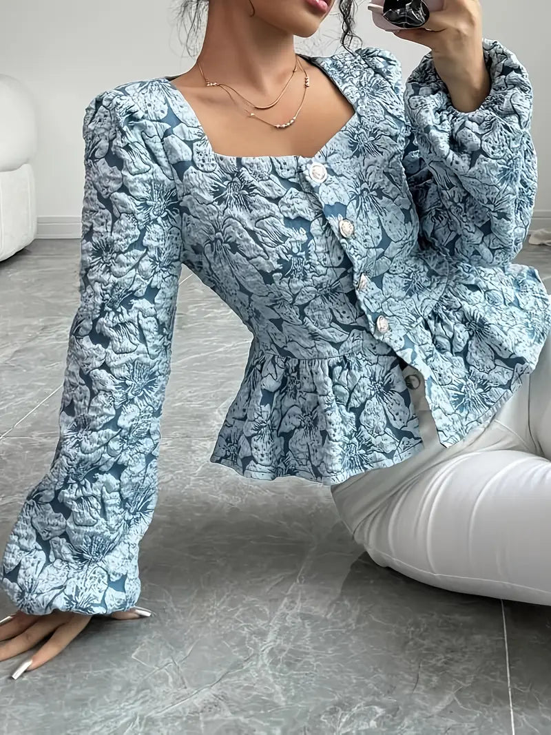 Eliza - Elegante top jacquard floreale con orlo arricciato