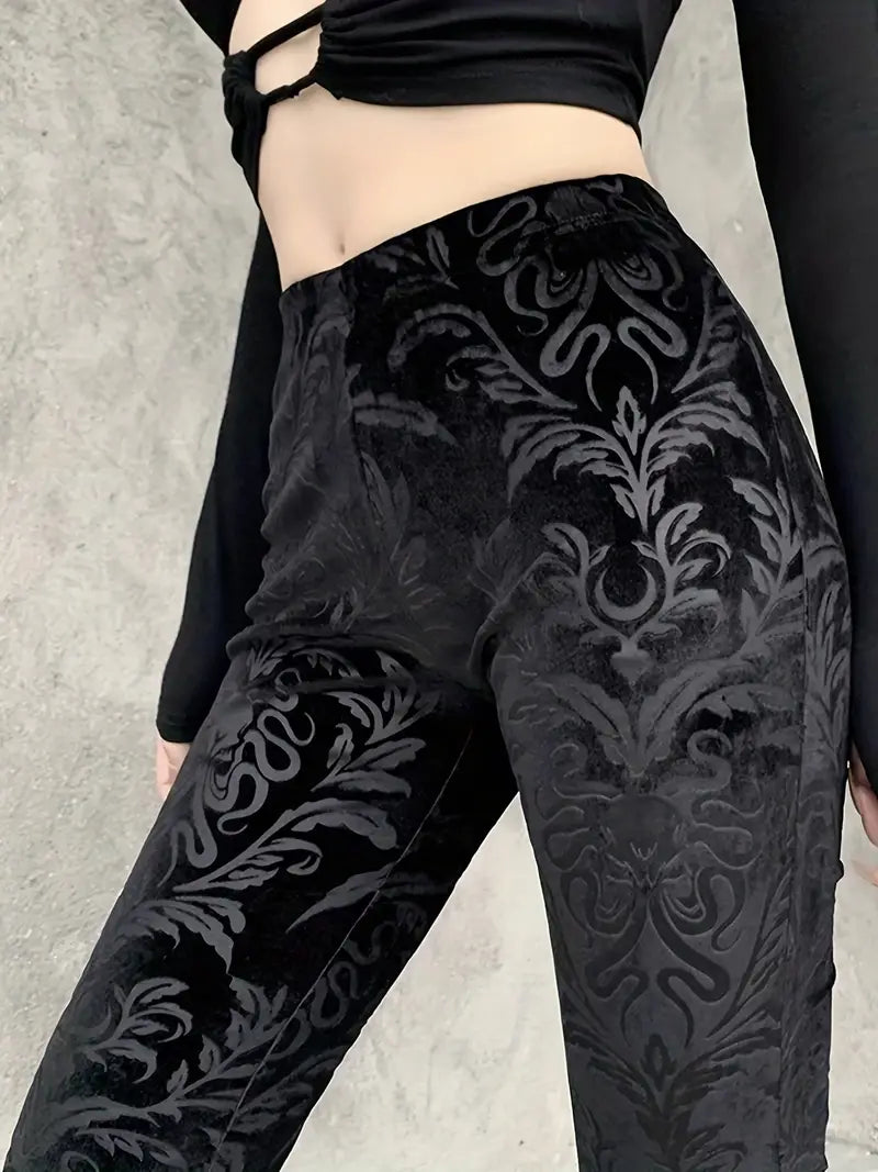 Elspeth - Pantaloni a vita alta con motivo floreale in stile gotico