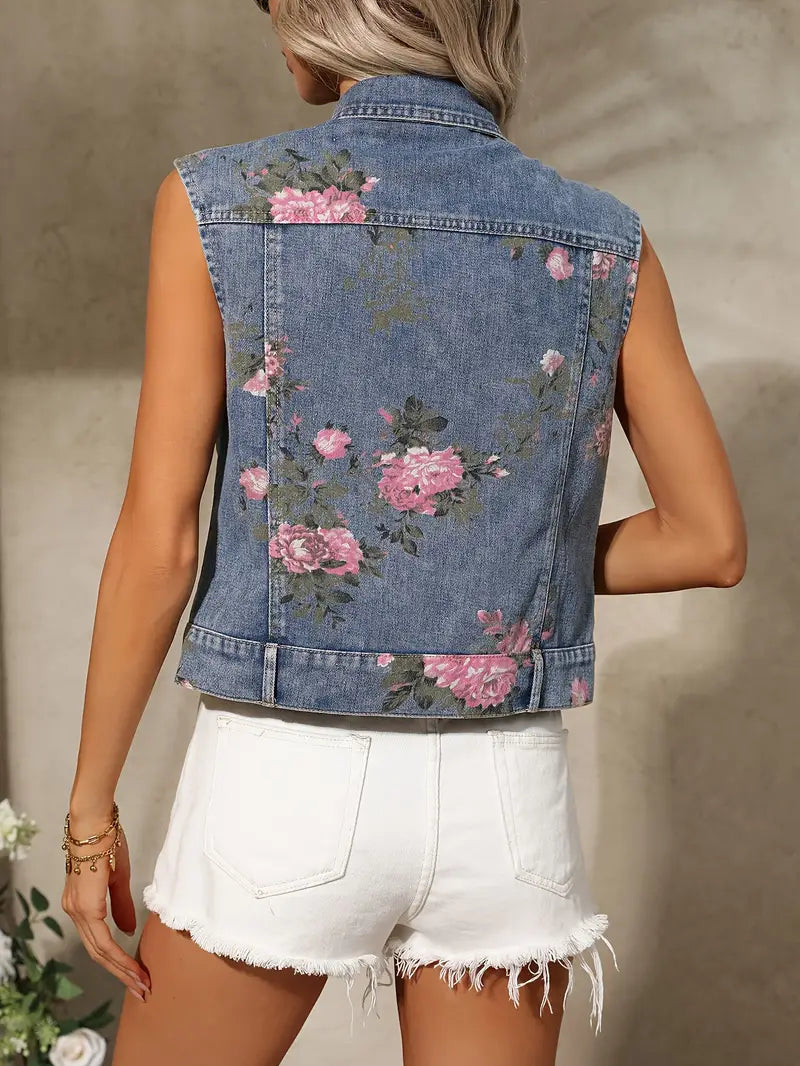 Edith - Gilet in denim da donna con stampa floreale e senza maniche