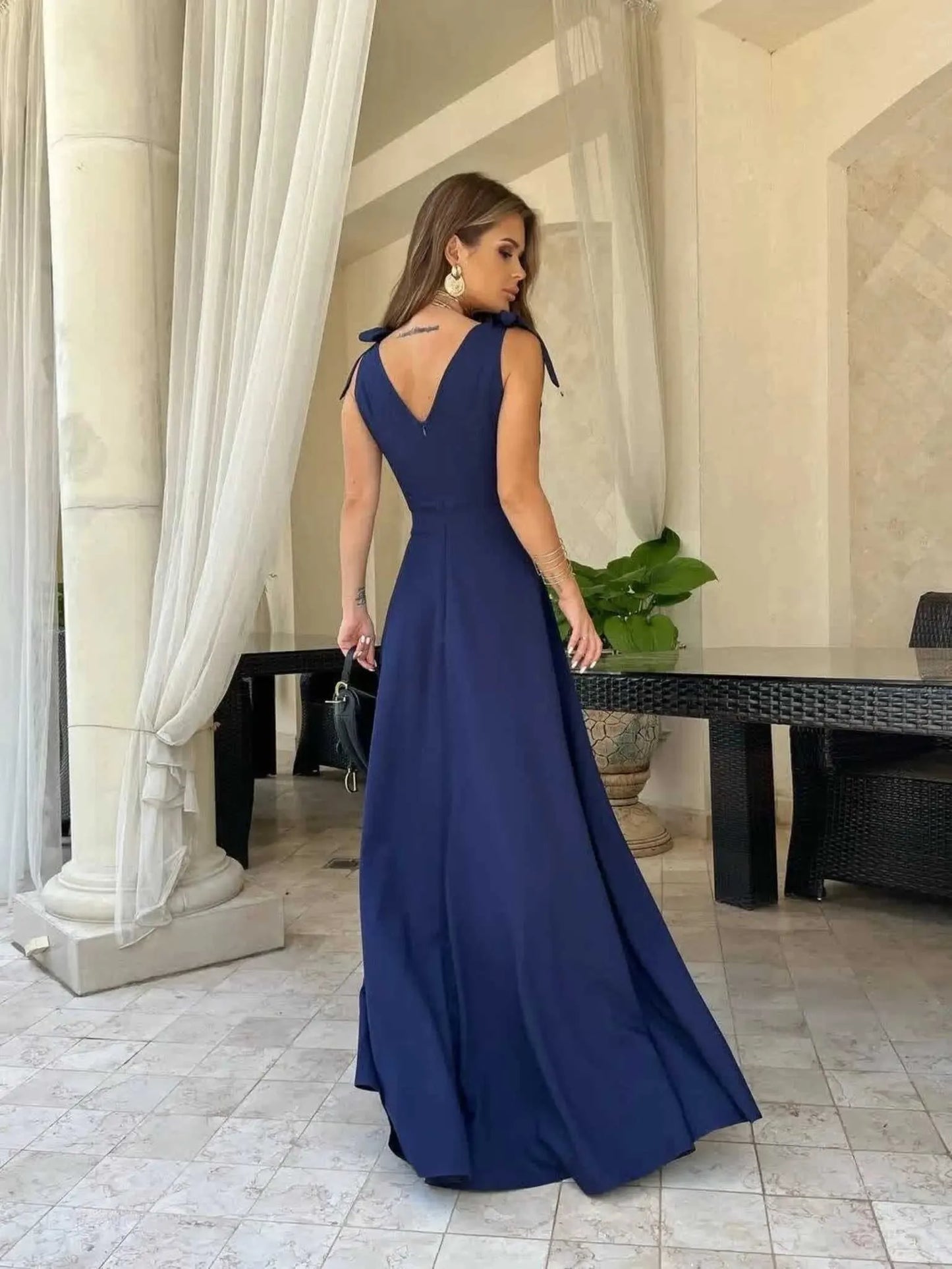 Vivian - Maxi abito da donna con scollo a V incrociato e papillon