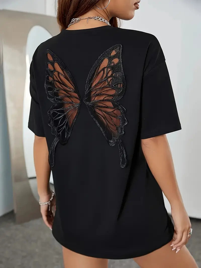 Felicia - T-shirt elegante con motivo a farfalla cava