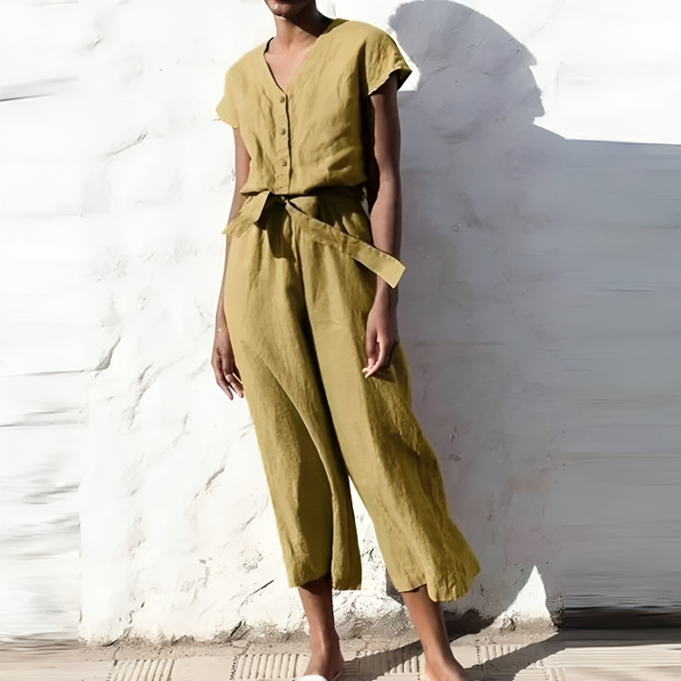 Lizzette - Tuta casual a maniche corte con scollo a V e gamba dritta