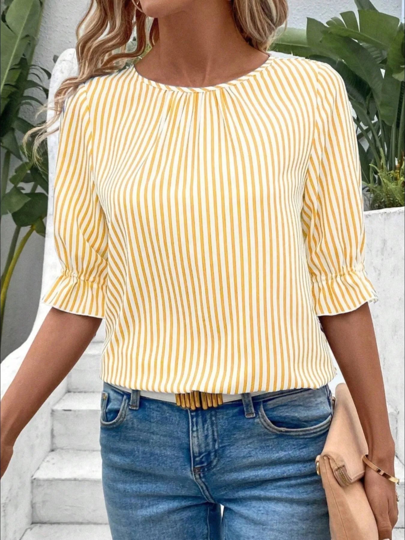 Marian - Blusa casual a righe con scollo rotondo e manica a metà braccio