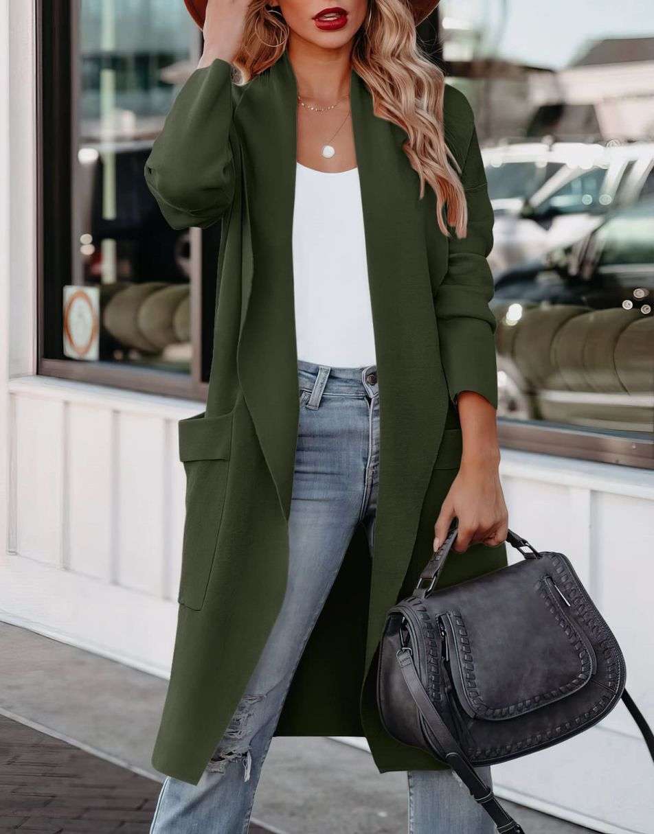 Rozlyn - Cardigan lungo in maglia con apertura frontale, stile casual