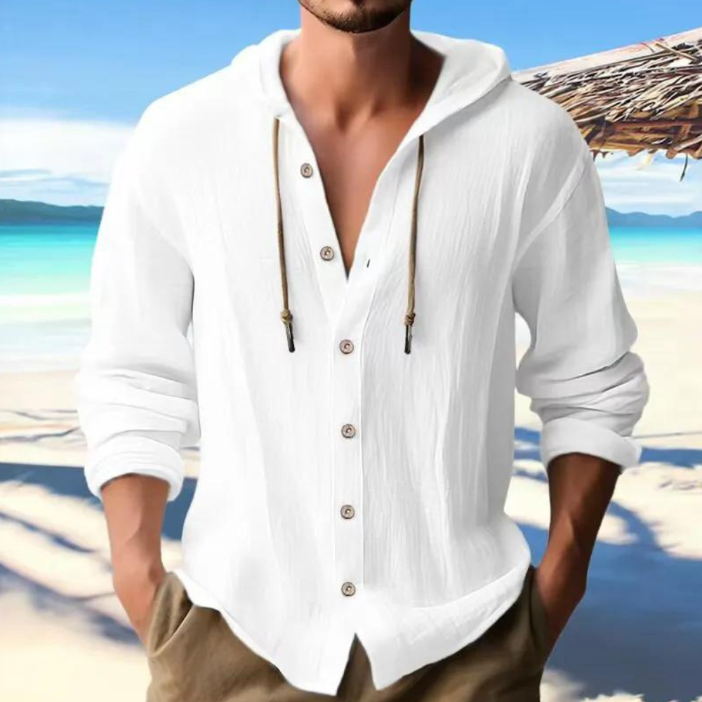 Charles - Camicia casual con bottoni, maniche lunghe e cappuccio