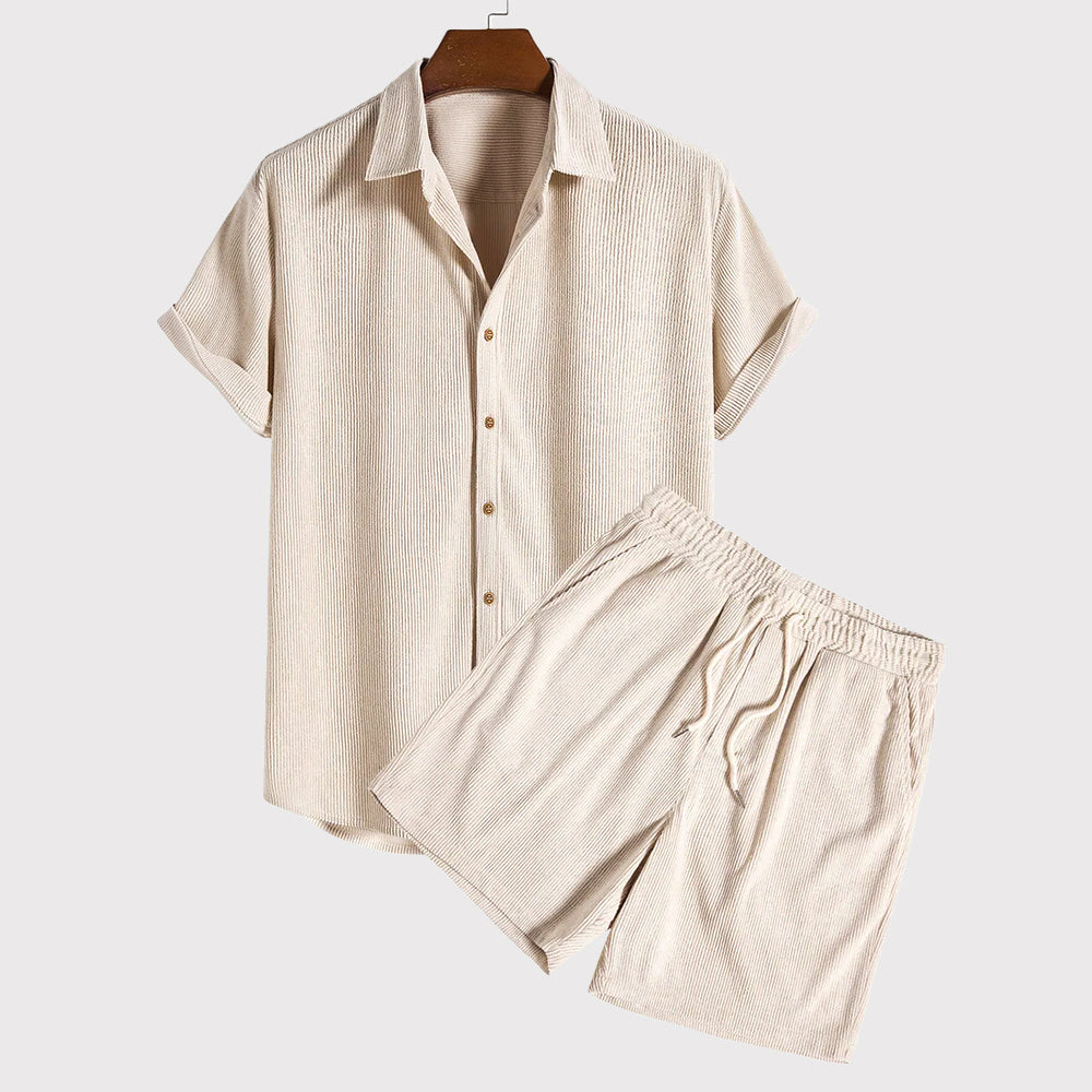 Leonard - Set Casual con Camicia a Maniche Corte con Bottoni e Pantaloncini con Coulisse