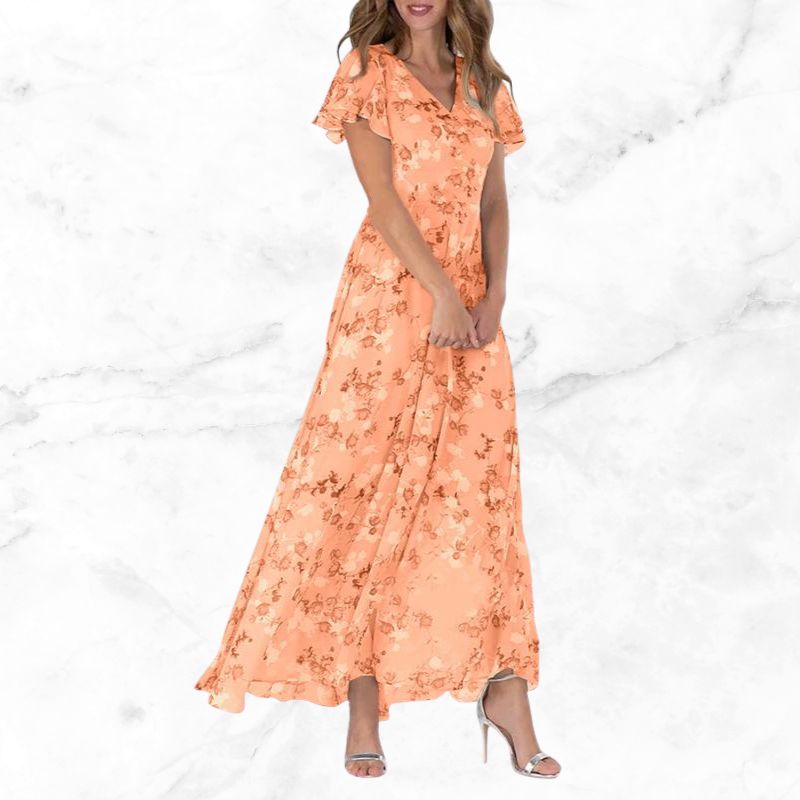 Roswen - Elegante abito maxi floreale con scollo a V e volant