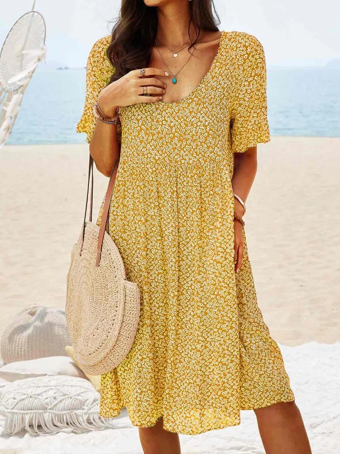 Emiely - Vestito Casual Largo Floreale a Maniche Corte