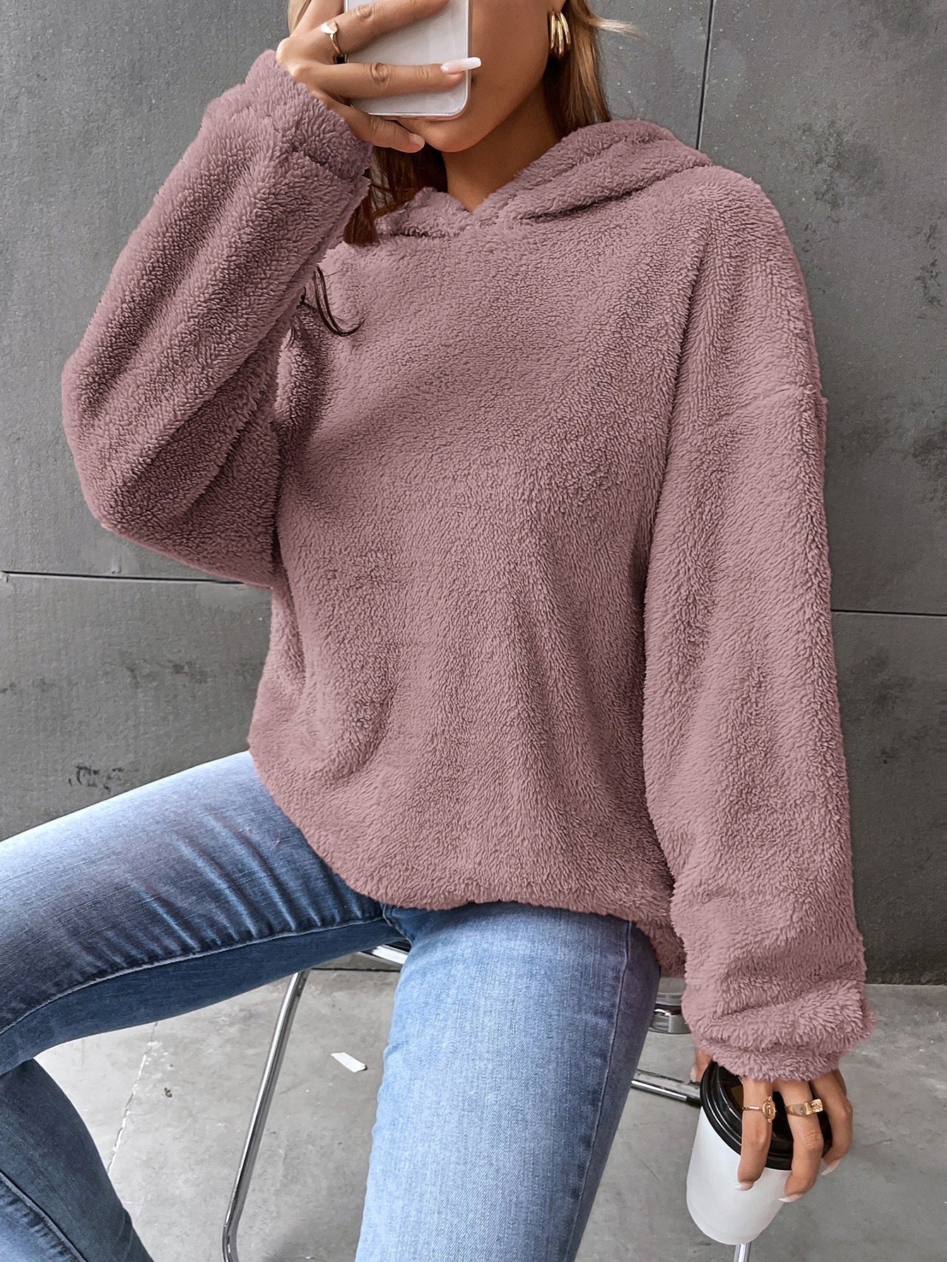 Leasha - Giacca casual in pile morbido e caldo con cappuccio