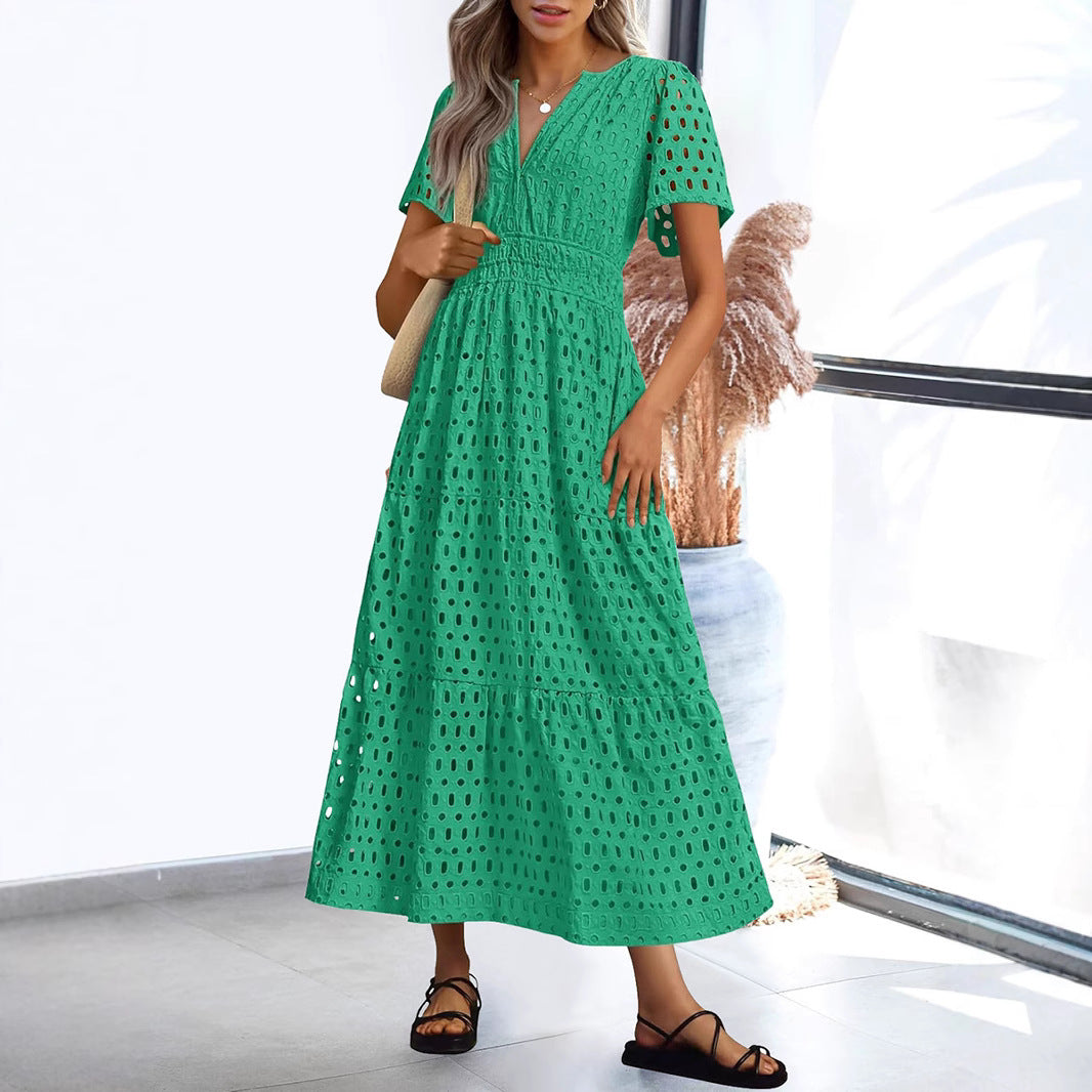 Vera - Elegante abito lungo in pizzo con maniche corte