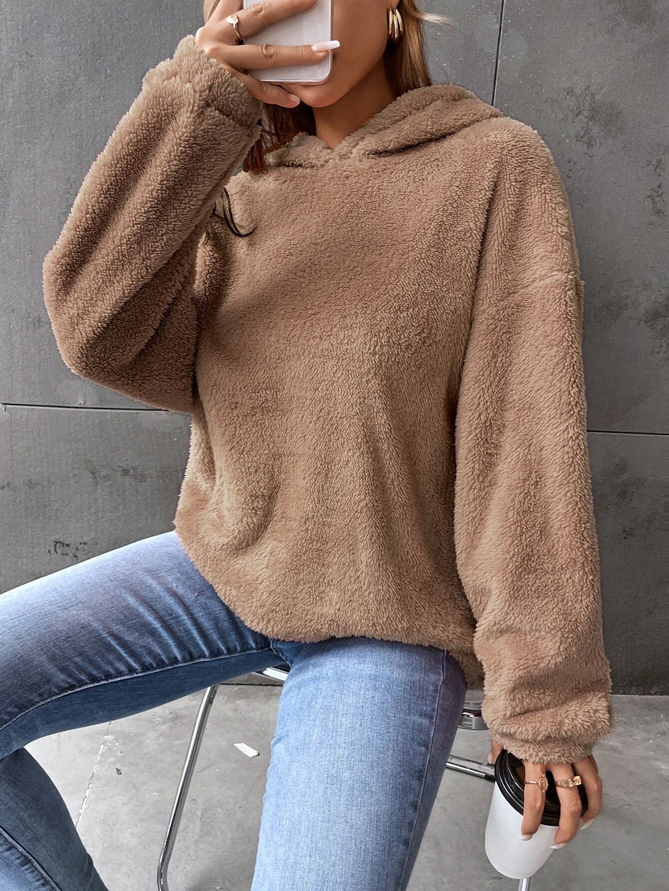 Leasha - Giacca casual in pile morbido e caldo con cappuccio
