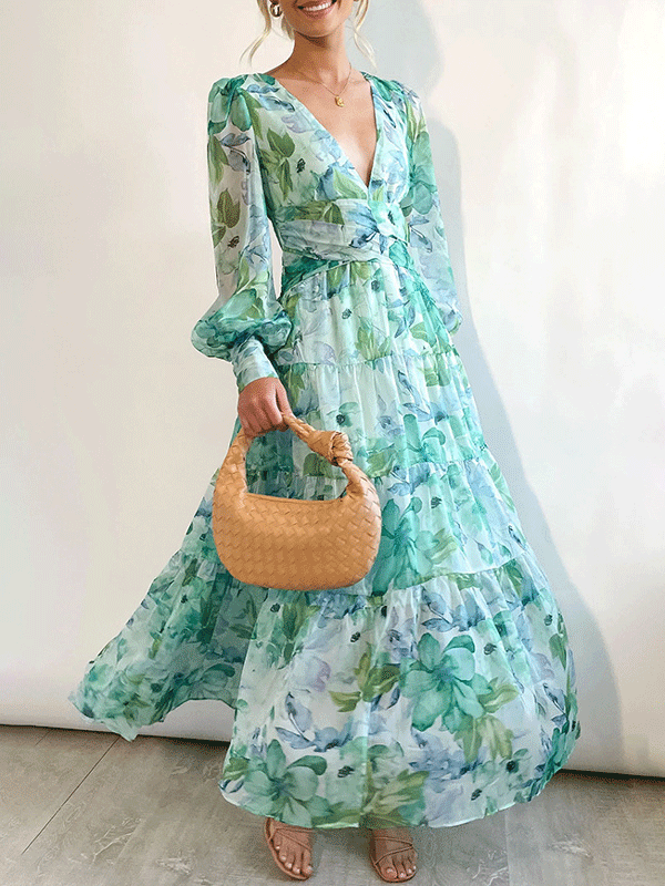 Sylvaine - Elegante abito maxi floreale a maniche lunghe