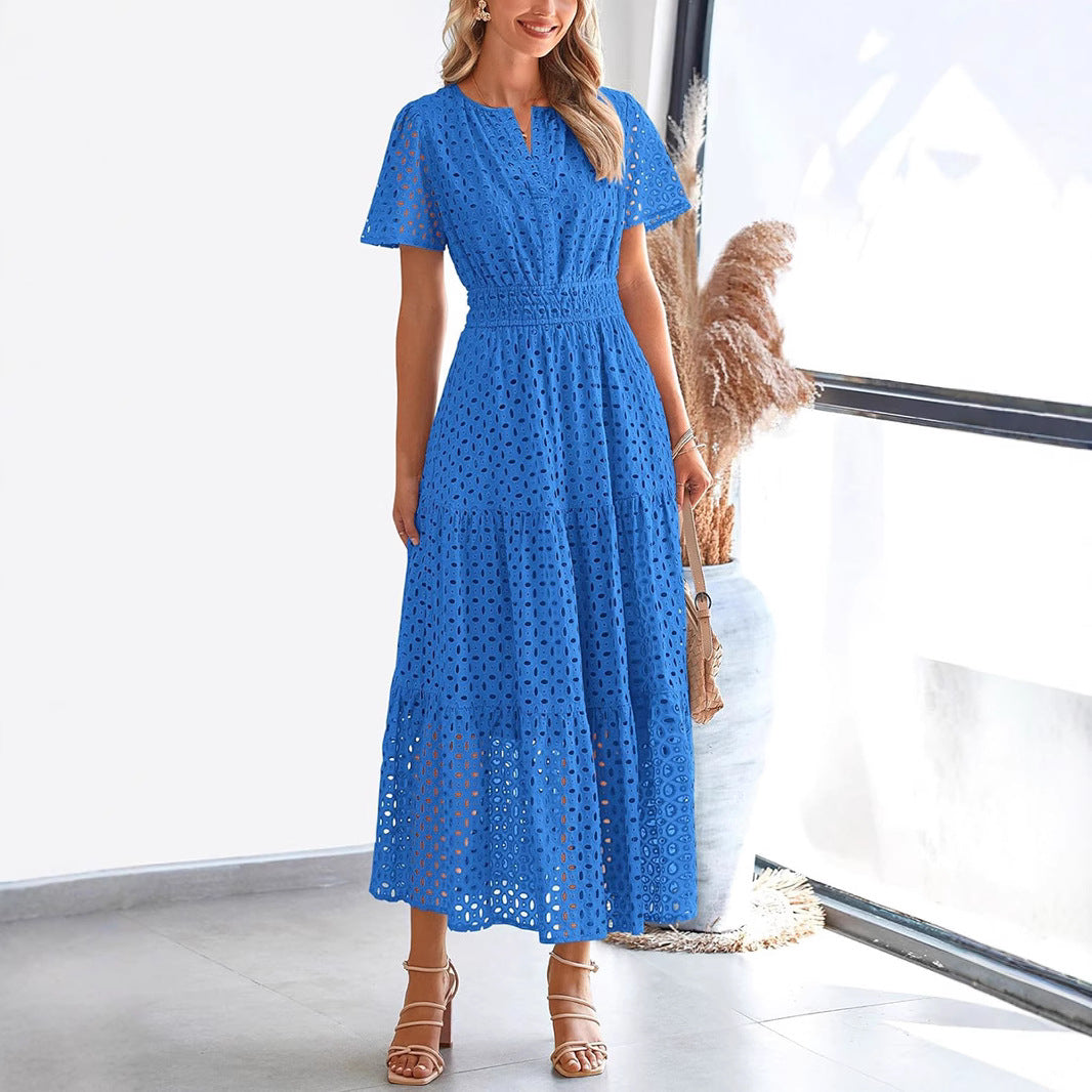 Vera - Elegante abito lungo in pizzo con maniche corte