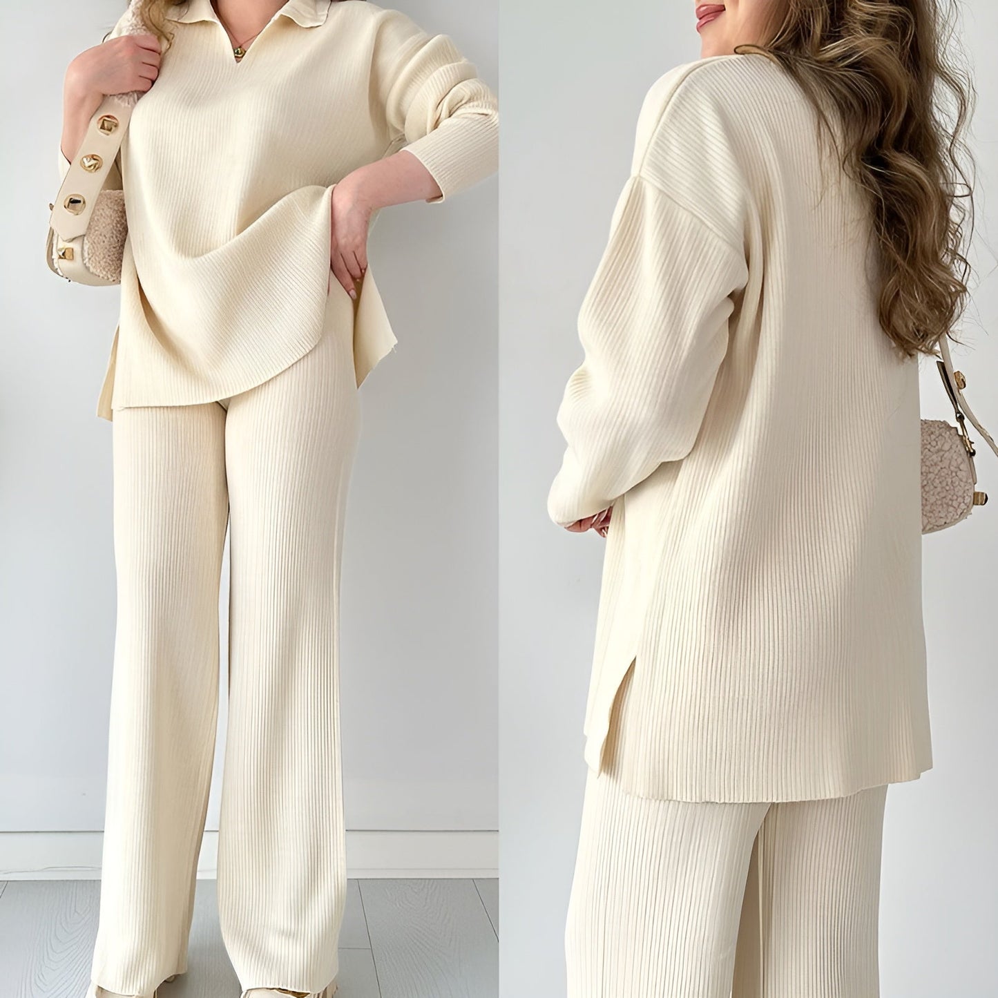 Julianna - Elegante completo con blusa a maniche lunghe con scollo a V e pantaloni