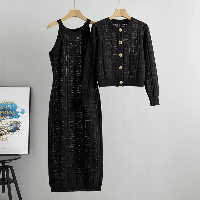 Zianna - Elegante Completo con Abito e Cardigan in Maglia Geometrica