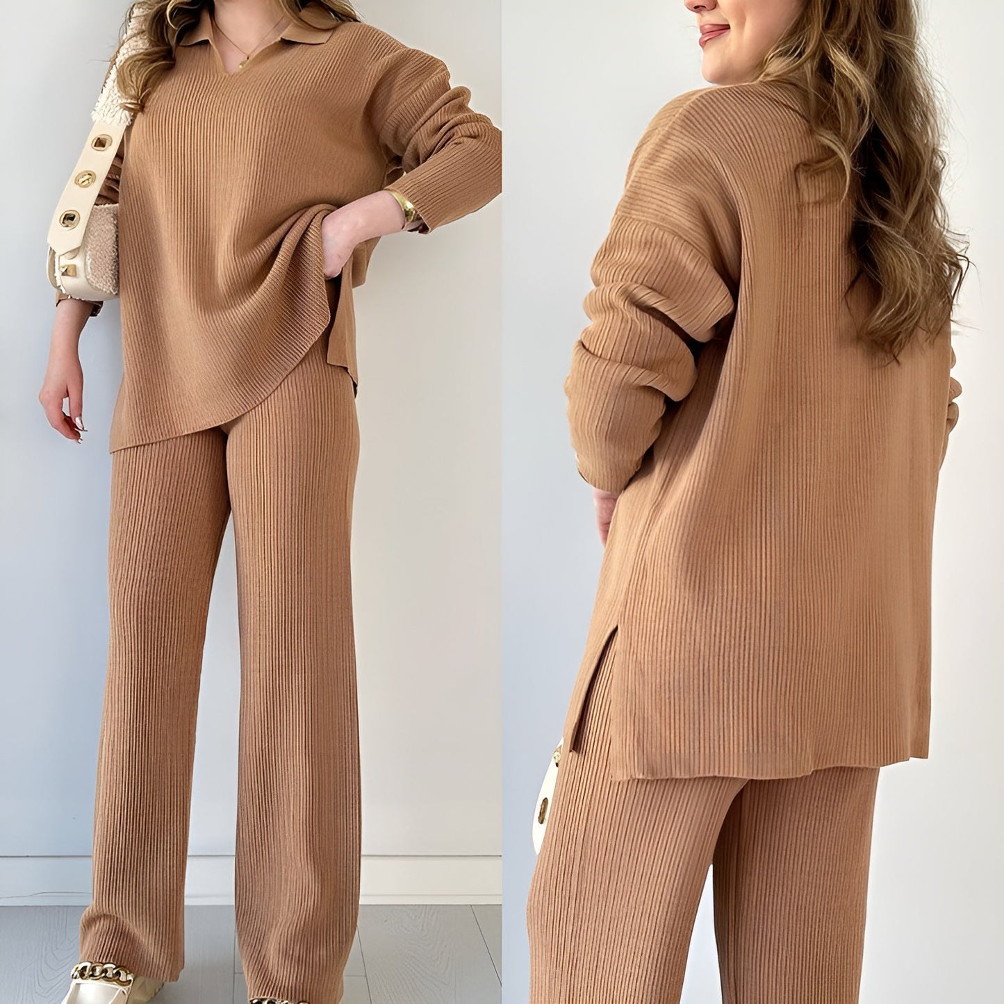 Julianna - Elegante completo con blusa a maniche lunghe con scollo a V e pantaloni