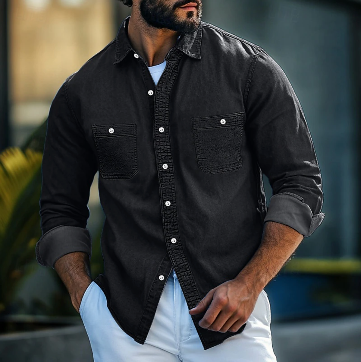 Mervin - Camicia in Denim a Maniche Lunghe con Bottoni