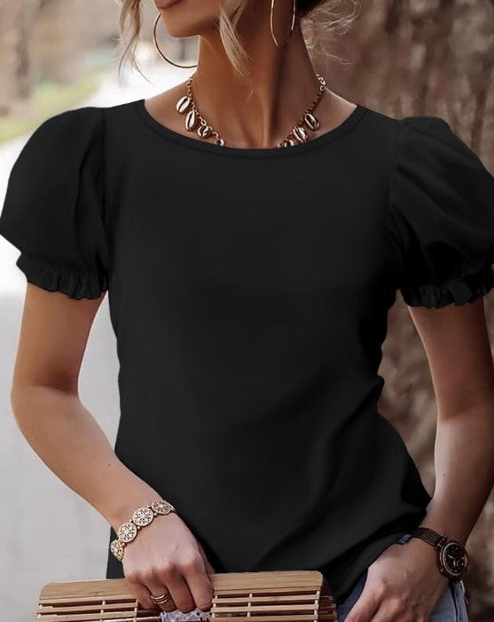 Adelia - T-Shirt Elegante con Maniche a Palloncino e Pizzo sulla Schiena