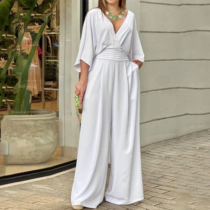 Manuela - Elegante tuta ampia con scollo a V, maniche a pipistrello e gamba larga