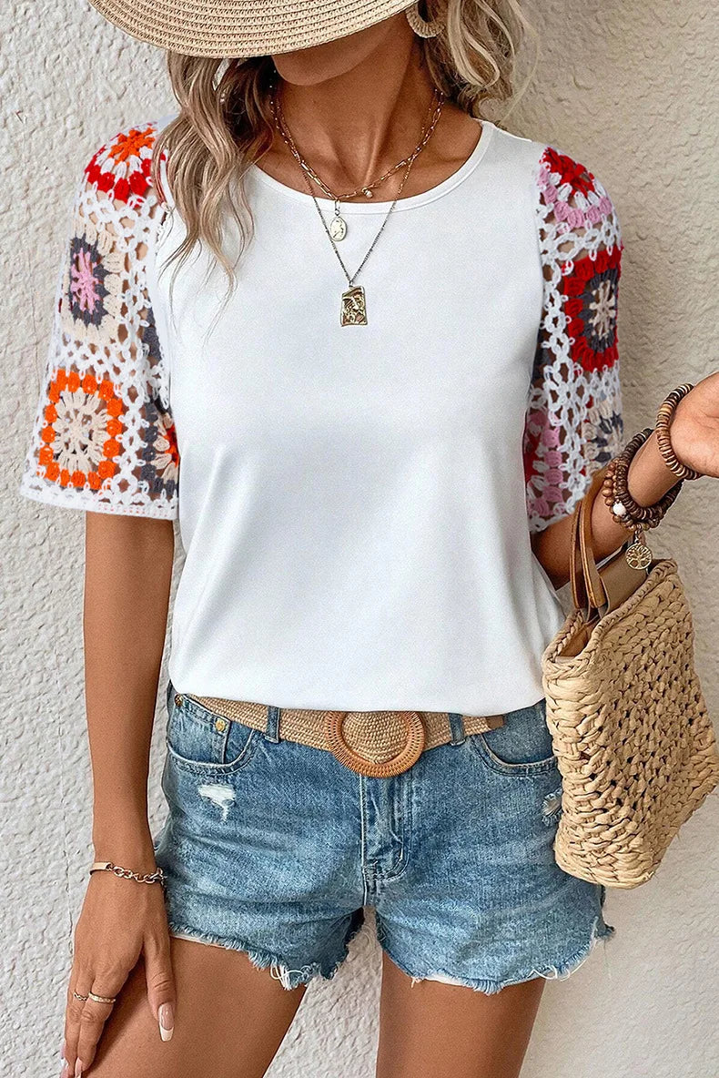 Velinda - T-shirt Casual con Maniche in Uncinetto