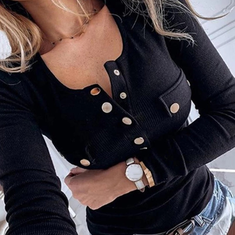 Casey - Top a coste con scollo a V e maniche lunghe da donna