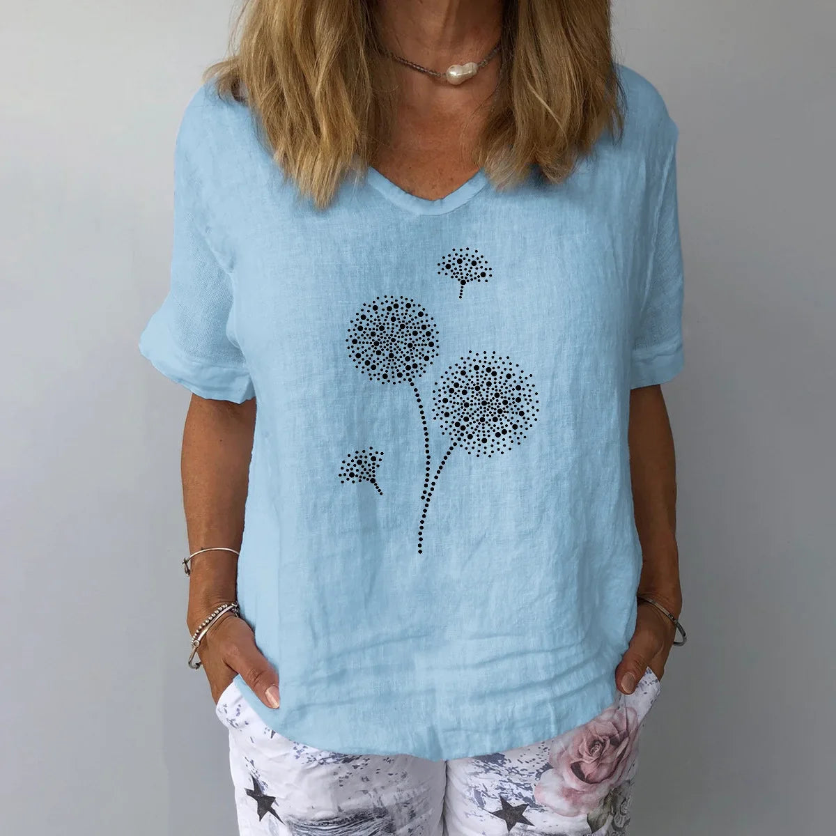 Wendolyn - Comoda T-shirt Casual Stampata con Scollo a V
