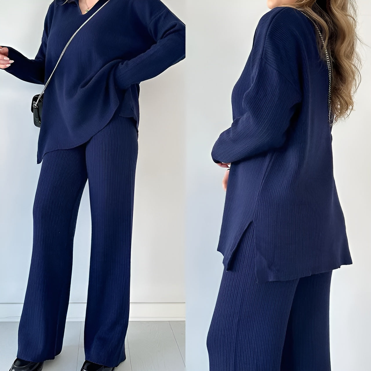 Julianna - Elegante completo con blusa a maniche lunghe con scollo a V e pantaloni