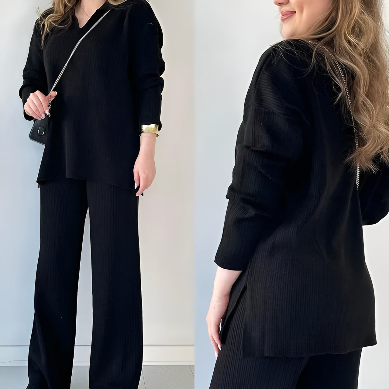 Julianna - Elegante completo con blusa a maniche lunghe con scollo a V e pantaloni