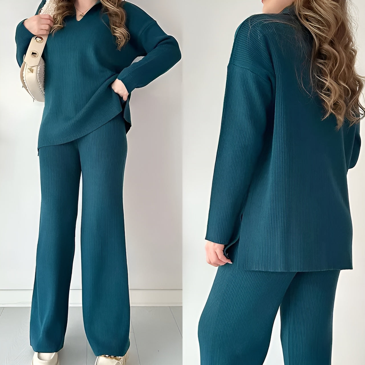 Julianna - Elegante completo con blusa a maniche lunghe con scollo a V e pantaloni